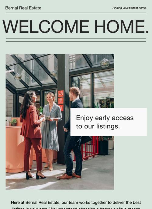 Plantilla de correo electrónico de bienvenida con una foto convocante de personas haciendo negocios.