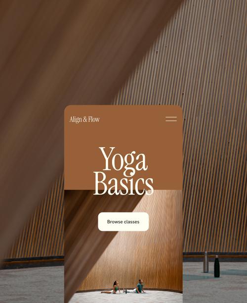 Un estudio de yoga promociona prácticas y entrenamientos en línea usando una plantilla de cursos de Squarespace.